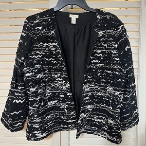 Chico's Black and White Ruffled Embroidered Open-Front Blazer Jacket